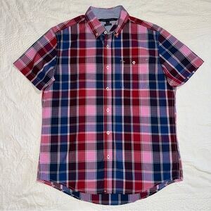 Tommy Hilfiger Men's Short Sleeve Button Up Plaid Shirt Size Large Blue Pink Red